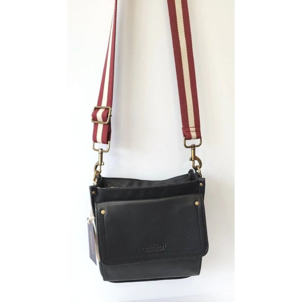 American Leather CO. Black Leather Kinsey Crossbody Bag Web Strap NWT